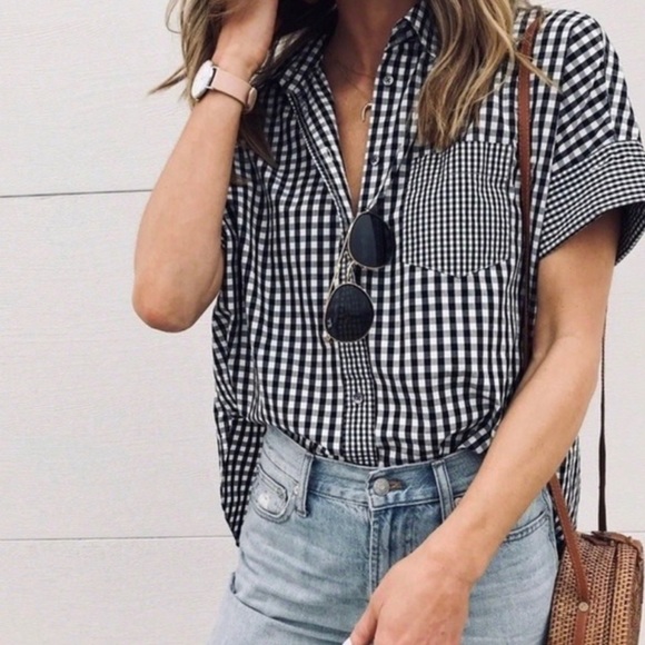 Madewell Button Down Checkered Gingham Black White Top Size Small - Picture 2 of 9